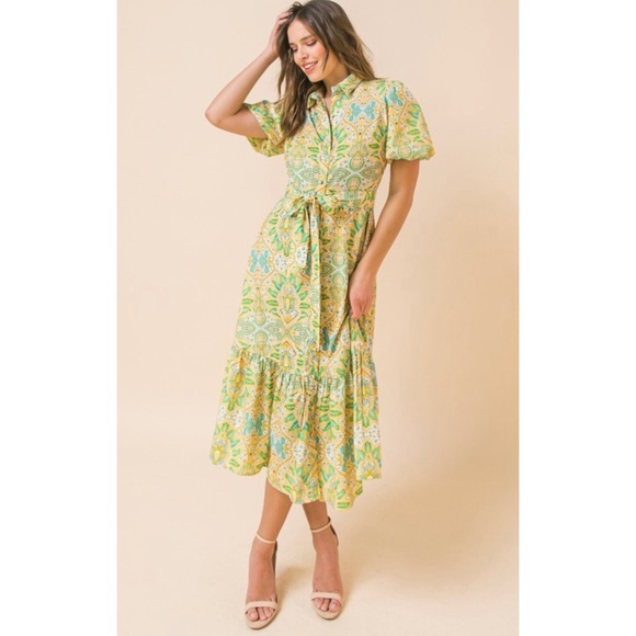 Flying Tomato Paisley Print Tie Waist Ruffle Hem Midi Dress - Picture 4 of 6